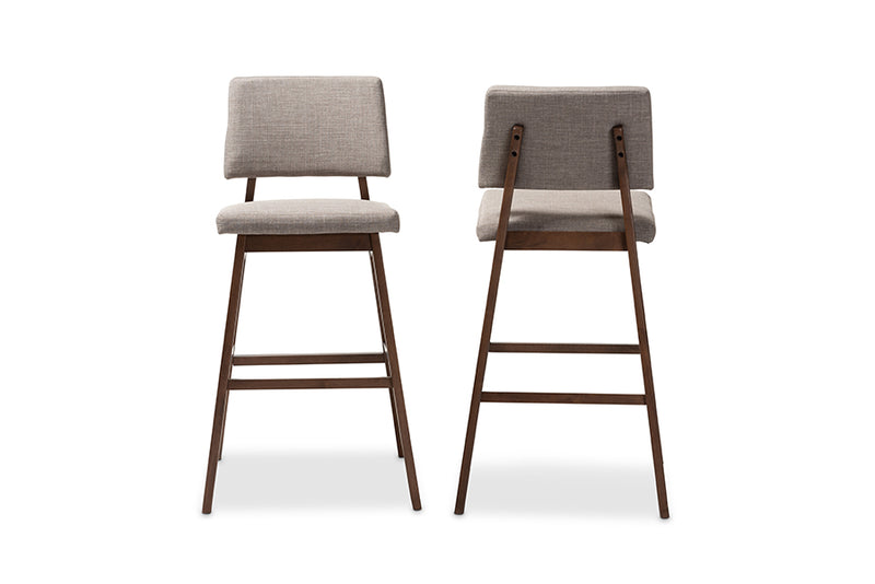 Baxton Studio Colton Mid-Century Modern Light Gray Fabric Upholstered and Walnut-Finished Wood Bar Stool Set of 2