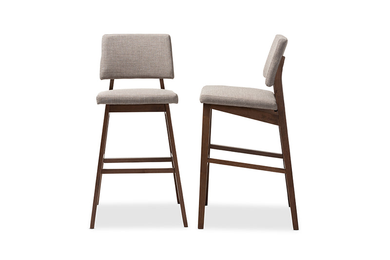 Baxton Studio Colton Mid-Century Modern Light Gray Fabric Upholstered and Walnut-Finished Wood Bar Stool Set of 2