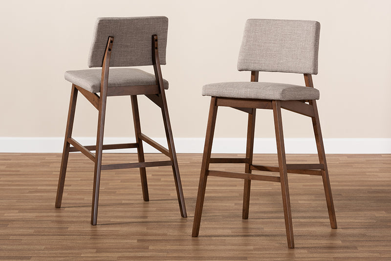 Baxton Studio Colton Mid-Century Modern Light Gray Fabric Upholstered and Walnut-Finished Wood Bar Stool Set of 2