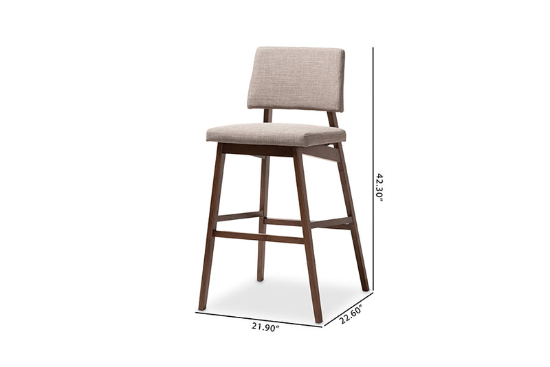 Baxton Studio Colton Mid-Century Modern Light Gray Fabric Upholstered and Walnut-Finished Wood Bar Stool Set of 2