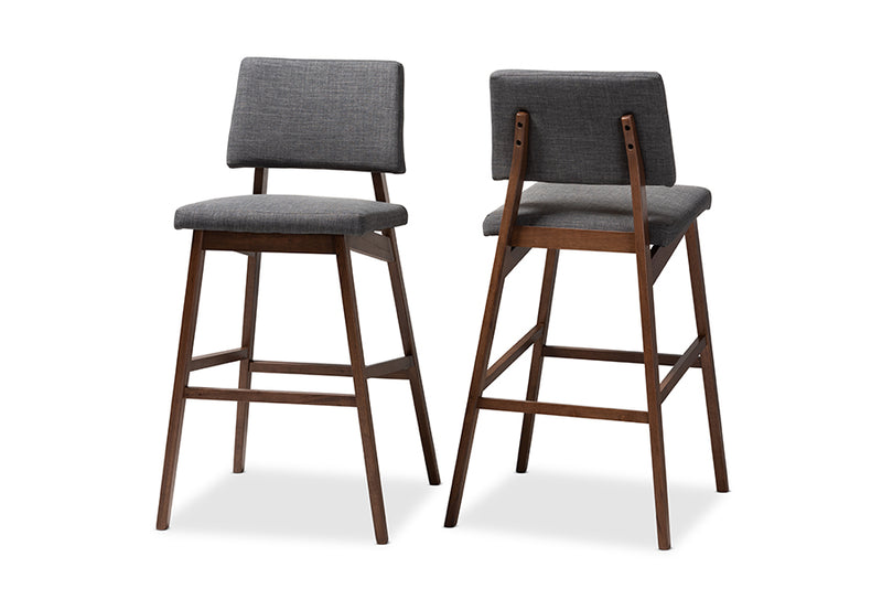 Baxton Studio Colton Mid-Century Modern Dark Gray Fabric Upholstered and Walnut-Finished Wood Bar Stool Set of 2