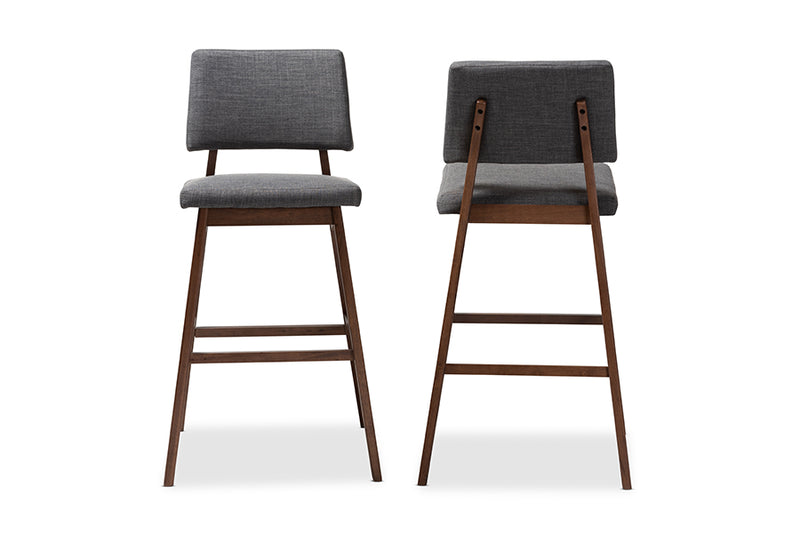 Baxton Studio Colton Mid-Century Modern Dark Gray Fabric Upholstered and Walnut-Finished Wood Bar Stool Set of 2