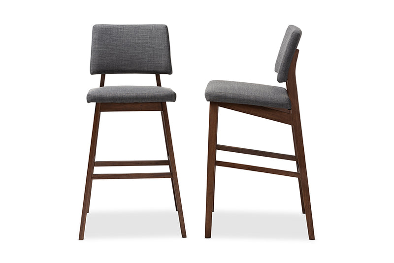 Baxton Studio Colton Mid-Century Modern Dark Gray Fabric Upholstered and Walnut-Finished Wood Bar Stool Set of 2