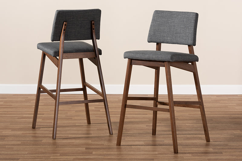Baxton Studio Colton Mid-Century Modern Dark Gray Fabric Upholstered and Walnut-Finished Wood Bar Stool Set of 2