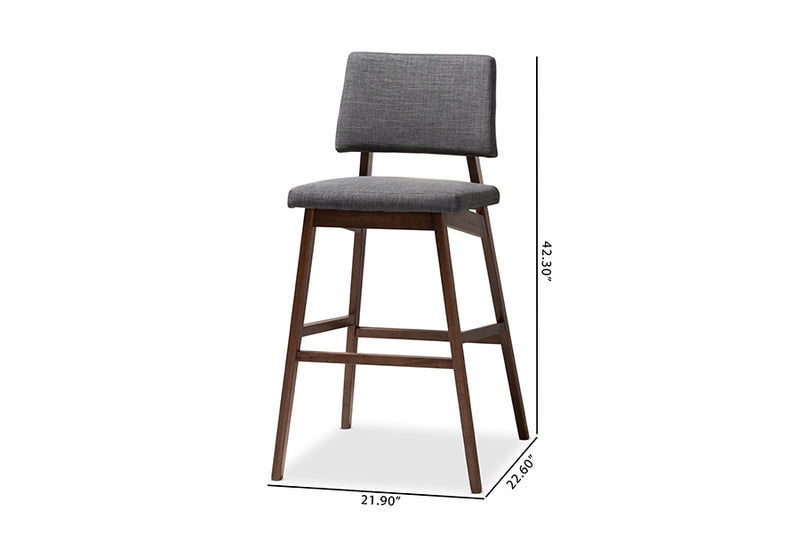Baxton Studio Colton Mid-Century Modern Dark Gray Fabric Upholstered and Walnut-Finished Wood Bar Stool Set of 2