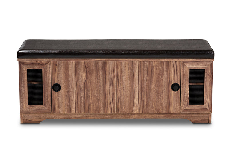 Baxton Studio Valina Modern and Contemporary Dark Brown Faux Leather Upholstered 2-Door Wood Shoe Storage Bench with Screen Inserts
