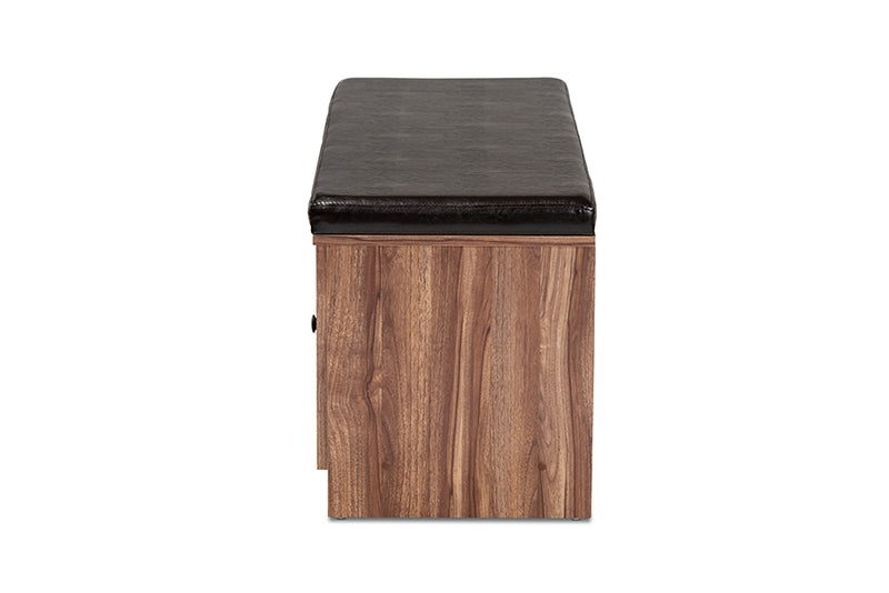 Baxton Studio Valina Modern and Contemporary Dark Brown Faux Leather Upholstered 2-Door Wood Shoe Storage Bench with Screen Inserts