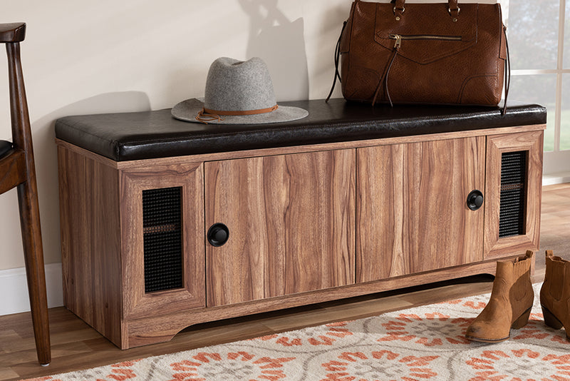 Baxton Studio Valina Modern and Contemporary Dark Brown Faux Leather Upholstered 2-Door Wood Shoe Storage Bench with Screen Inserts