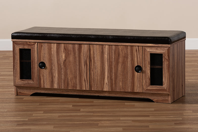 Baxton Studio Valina Modern and Contemporary Dark Brown Faux Leather Upholstered 2-Door Wood Shoe Storage Bench with Screen Inserts