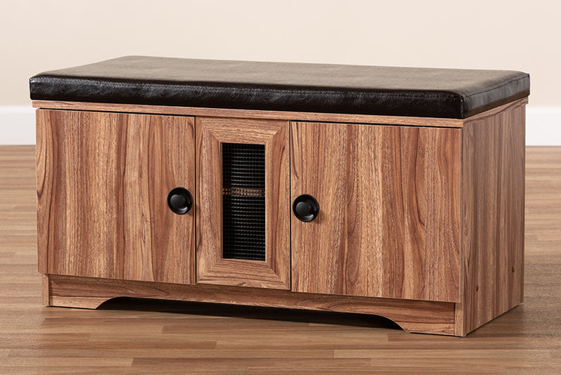 Baxton Studio Valina Modern and Contemporary Dark Brown Faux Leather Upholstered 2-Door Wood Shoe Storage Bench