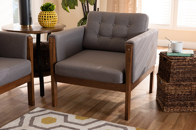 Baxton Studio Lenne Mid-Century Modern Grey Fabric Upholstered Walnut Finished Armchair