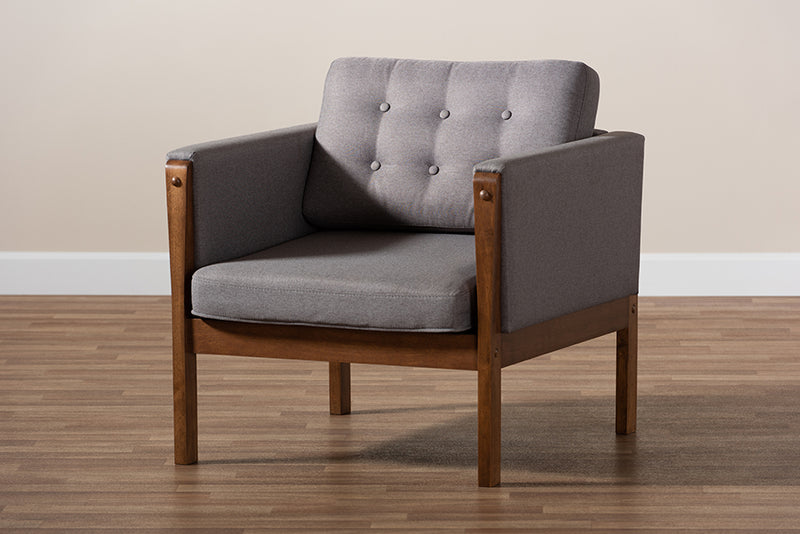 Baxton Studio Lenne Mid-Century Modern Grey Fabric Upholstered Walnut Finished Armchair