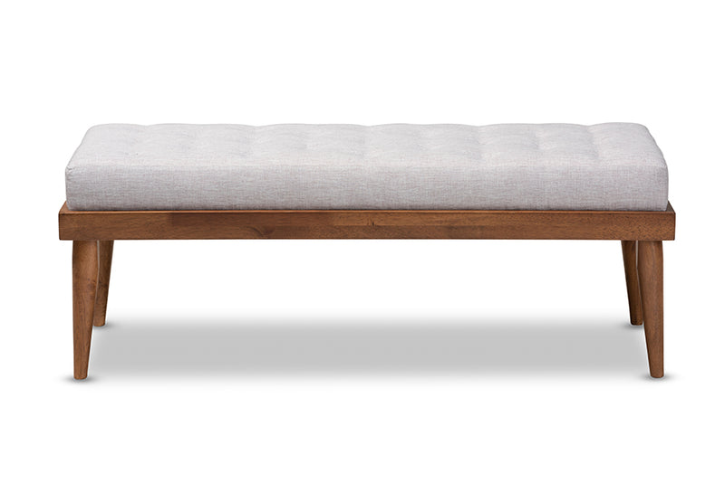 Baxton Studio Linus Mid-Century Modern Greyish Beige Fabric Upholstered and Button Tufted Wood Bench