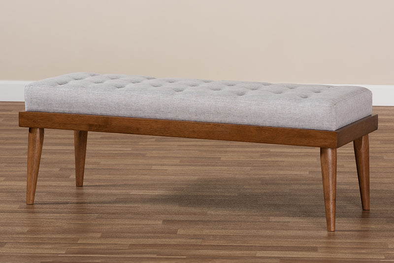 Baxton Studio Linus Mid-Century Modern Greyish Beige Fabric Upholstered and Button Tufted Wood Bench