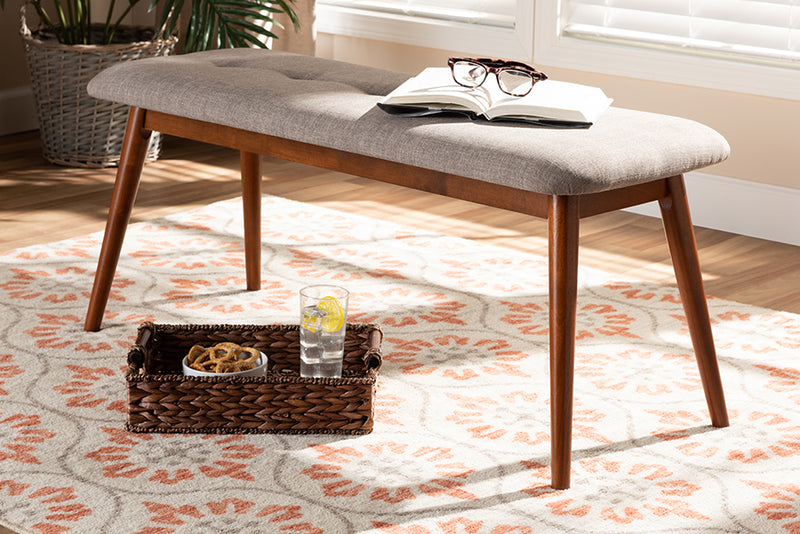 Baxton Studio Flora II Mid-Century Modern Light Grey Fabric Upholstered Medium Oak Finished Wood Dining Bench