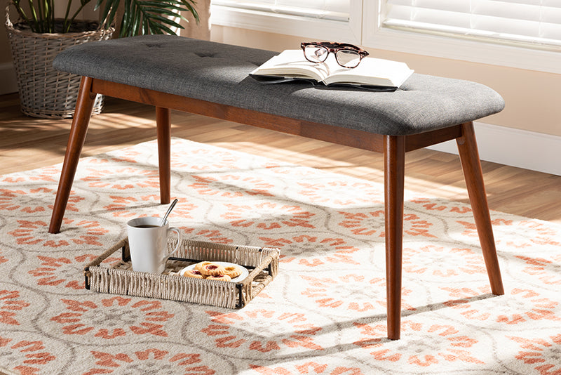 Baxton Studio Flora II Mid-Century Modern Dark Grey Fabric Upholstered Medium Oak Finished Wood Dining Bench