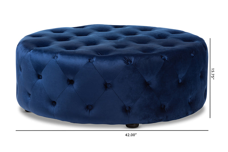 Baxton Studio Cardiff Transitional Royal Blue Velvet Fabric Upholstered Button Tufted Cocktail Ottoman