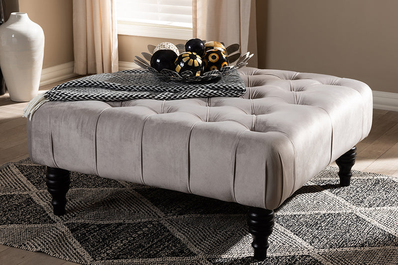 Baxton Studio Keswick Transitional Grey Velvet Fabric Upholstered Button Tufted Cocktail Ottoman