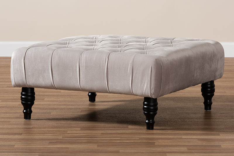 Baxton Studio Keswick Transitional Grey Velvet Fabric Upholstered Button Tufted Cocktail Ottoman