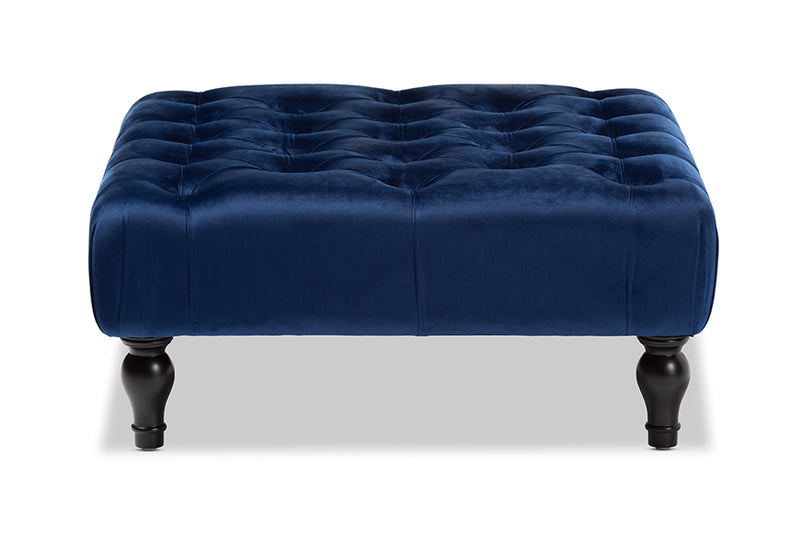 Baxton Studio Keswick Transitional Blue Velvet Fabric Upholstered Button Tufted Cocktail Ottoman