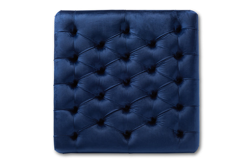 Baxton Studio Keswick Transitional Blue Velvet Fabric Upholstered Button Tufted Cocktail Ottoman