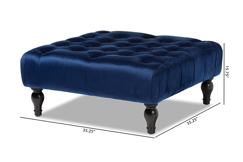Baxton Studio Keswick Transitional Blue Velvet Fabric Upholstered Button Tufted Cocktail Ottoman