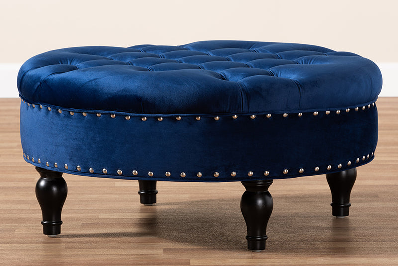 Baxton Studio Palfrey Transitional Blue Velvet Fabric Upholstered Button Tufted Cocktail Ottoman