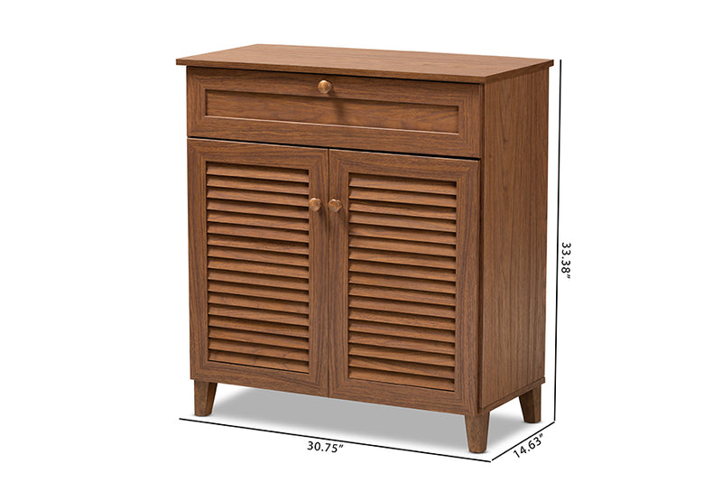 Baxton Studio Coolidge Modern and Contemporary Walnut Finished 4-Shelf Wood Shoe Storage Cabinet with Drawer