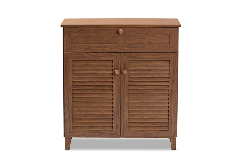 Baxton Studio Coolidge Modern and Contemporary Walnut Finished 4-Shelf Wood Shoe Storage Cabinet with Drawer