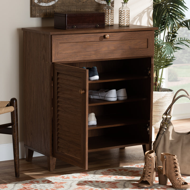Baxton Studio Coolidge Modern and Contemporary Walnut Finished 4-Shelf Wood Shoe Storage Cabinet with Drawer