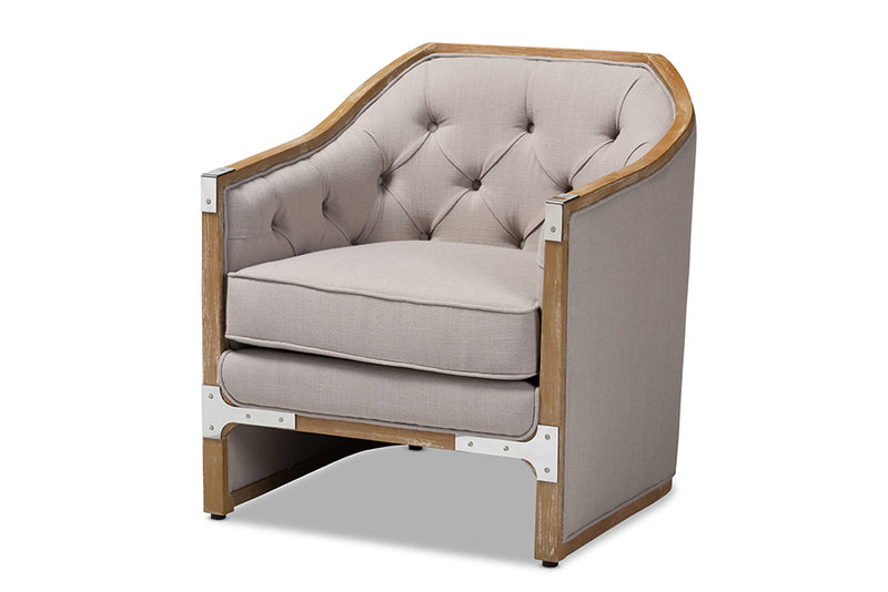 Baxton Studio Terina French Country Industrial Grey-Beige Fabric Upholstered Whitewashed Oak Wood Armchair with Metal Accents