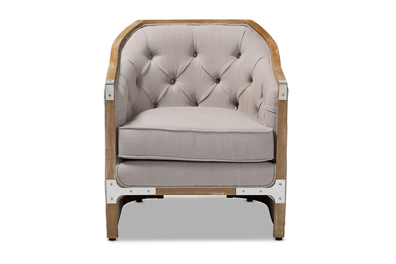 Baxton Studio Terina French Country Industrial Grey-Beige Fabric Upholstered Whitewashed Oak Wood Armchair with Metal Accents