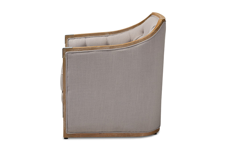 Baxton Studio Terina French Country Industrial Grey-Beige Fabric Upholstered Whitewashed Oak Wood Armchair with Metal Accents