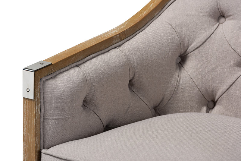 Baxton Studio Terina French Country Industrial Grey-Beige Fabric Upholstered Whitewashed Oak Wood Armchair with Metal Accents