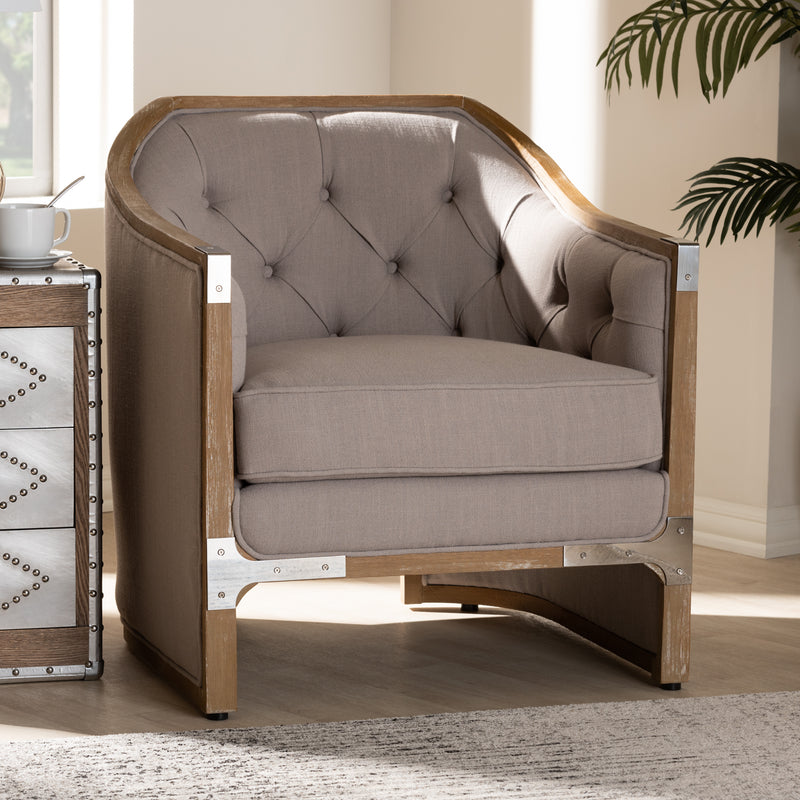 Baxton Studio Terina French Country Industrial Grey-Beige Fabric Upholstered Whitewashed Oak Wood Armchair with Metal Accents