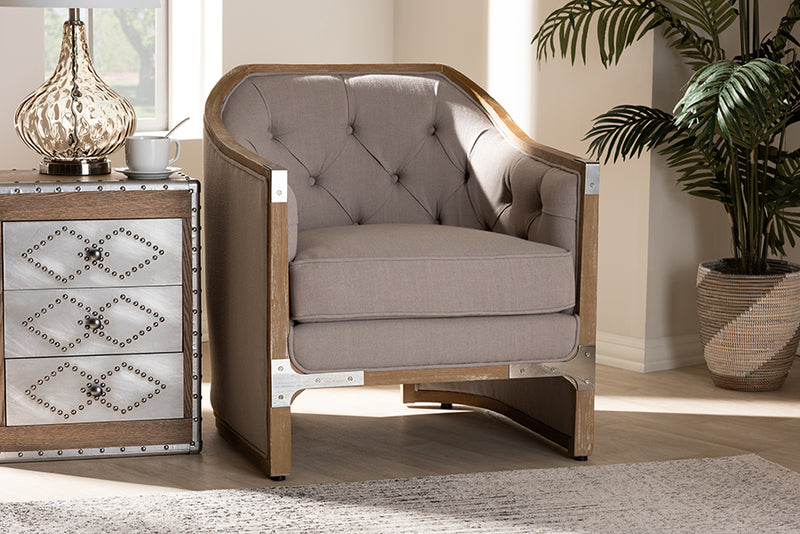 Baxton Studio Terina French Country Industrial Grey-Beige Fabric Upholstered Whitewashed Oak Wood Armchair with Metal Accents