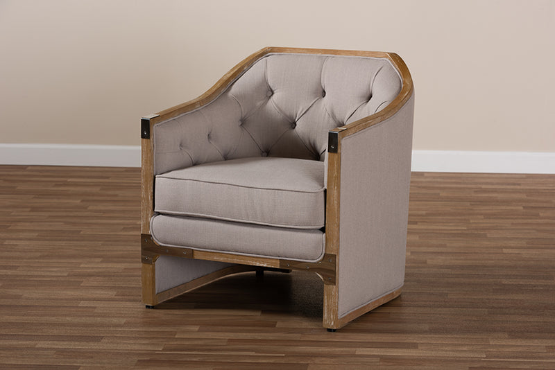 Baxton Studio Terina French Country Industrial Grey-Beige Fabric Upholstered Whitewashed Oak Wood Armchair with Metal Accents