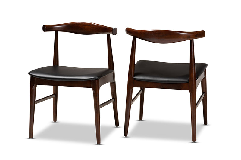 Baxton Studio Eira Mid-Century Modern Black Faux Leather Upholstered Walnut Finished Wood Dining Chair Set of 2