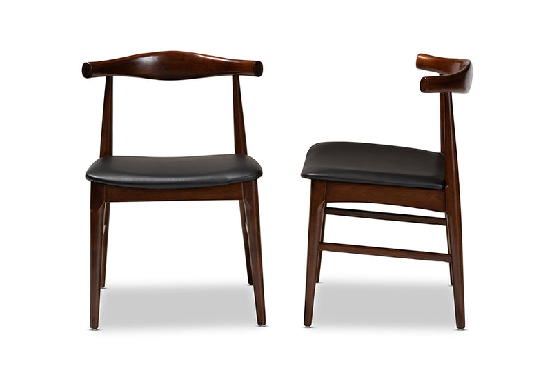 Baxton Studio Eira Mid-Century Modern Black Faux Leather Upholstered Walnut Finished Wood Dining Chair Set of 2