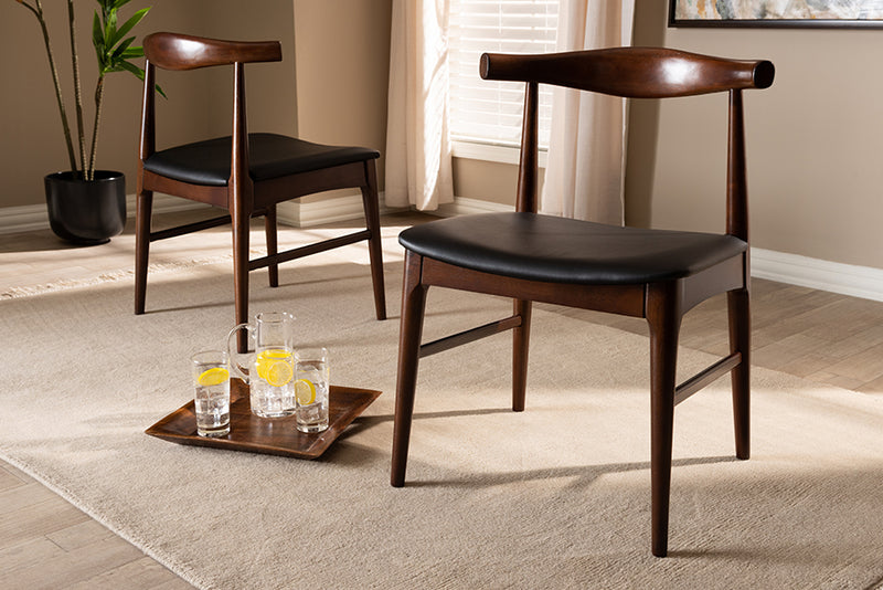 Baxton Studio Eira Mid-Century Modern Black Faux Leather Upholstered Walnut Finished Wood Dining Chair Set of 2