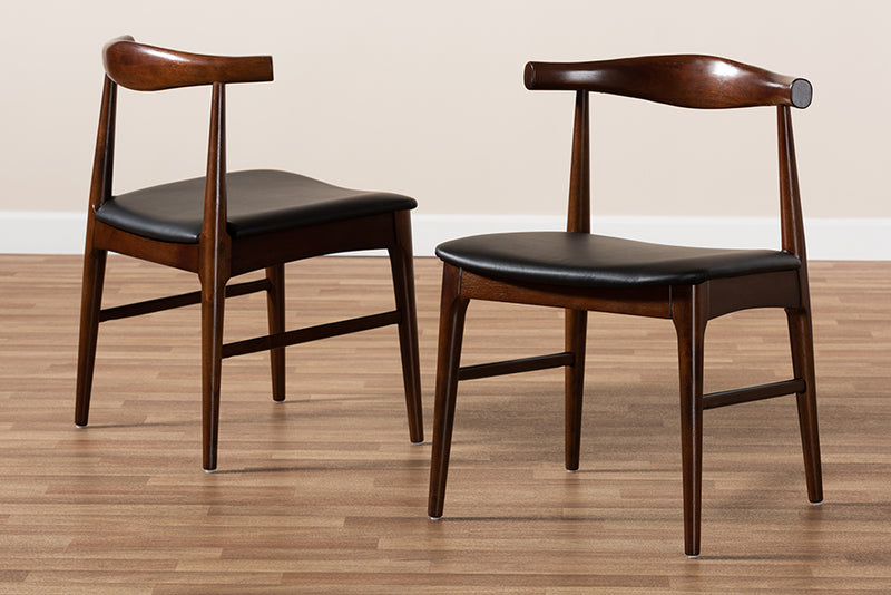Baxton Studio Eira Mid-Century Modern Black Faux Leather Upholstered Walnut Finished Wood Dining Chair Set of 2