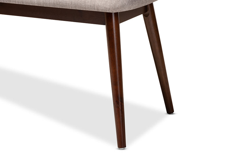 Baxton Studio Flora Mid-Century Modern Light Grey Fabric Upholstered Walnut Finished Wood Dining Bench