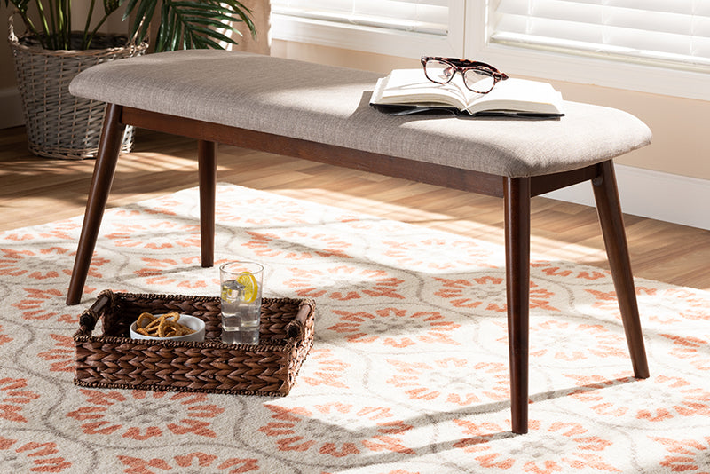 Baxton Studio Flora Mid-Century Modern Light Grey Fabric Upholstered Walnut Finished Wood Dining Bench