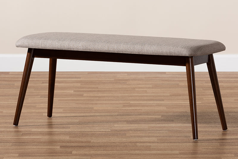 Baxton Studio Flora Mid-Century Modern Light Grey Fabric Upholstered Walnut Finished Wood Dining Bench