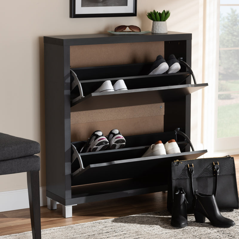 Baxton Studio Simms Modern and Contemporary Dark Grey Finished Wood Shoe Storage Cabinet with 4 Fold-Out Racks