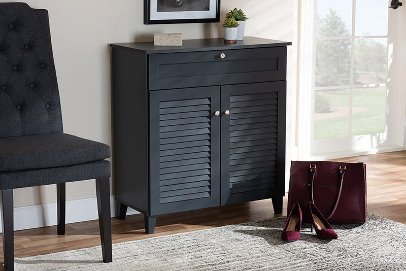 Baxton Studio Coolidge Modern and Contemporary Dark Grey Finished 4-Shelf Wood Shoe Storage Cabinet with Drawer