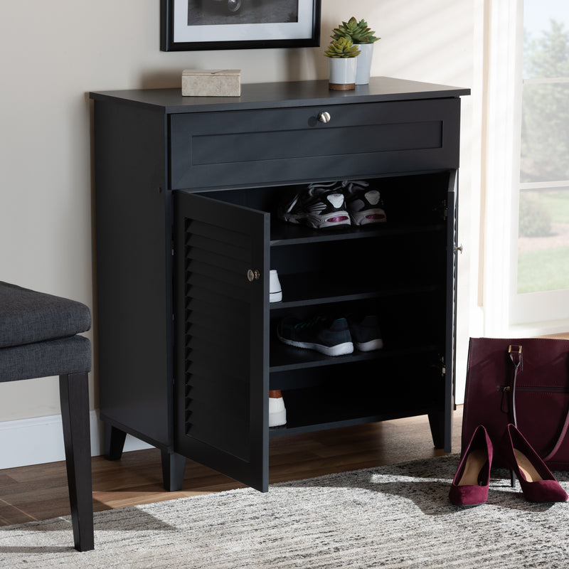 Baxton Studio Coolidge Modern and Contemporary Dark Grey Finished 4-Shelf Wood Shoe Storage Cabinet with Drawer