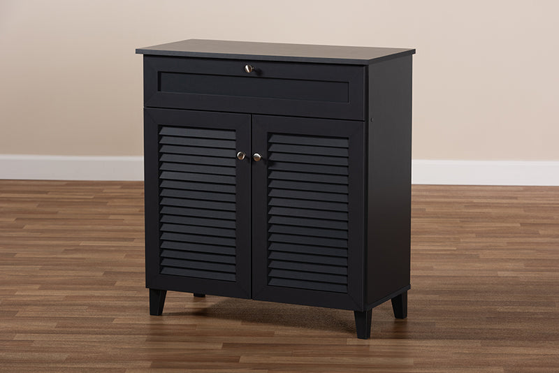 Baxton Studio Coolidge Modern and Contemporary Dark Grey Finished 4-Shelf Wood Shoe Storage Cabinet with Drawer