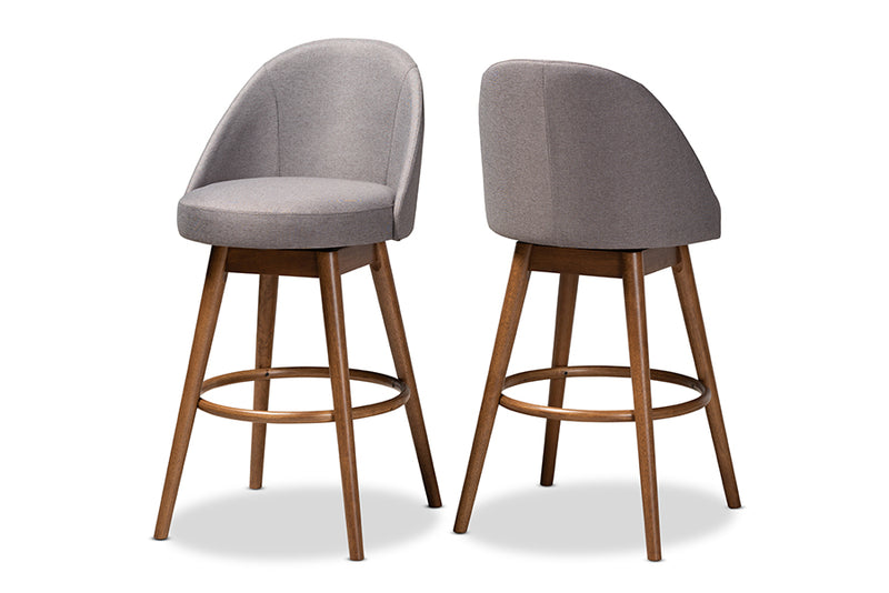 Baxton Studio Carra Mid-Century Modern Grey Fabric Upholstered Walnut-Finished Wood Swivel Bar Stool Set of 2