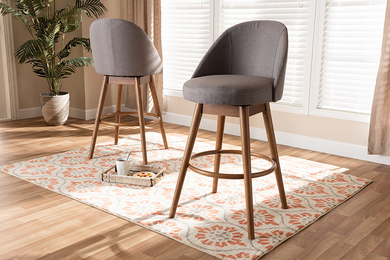 Baxton Studio Carra Mid-Century Modern Grey Fabric Upholstered Walnut-Finished Wood Swivel Bar Stool Set of 2